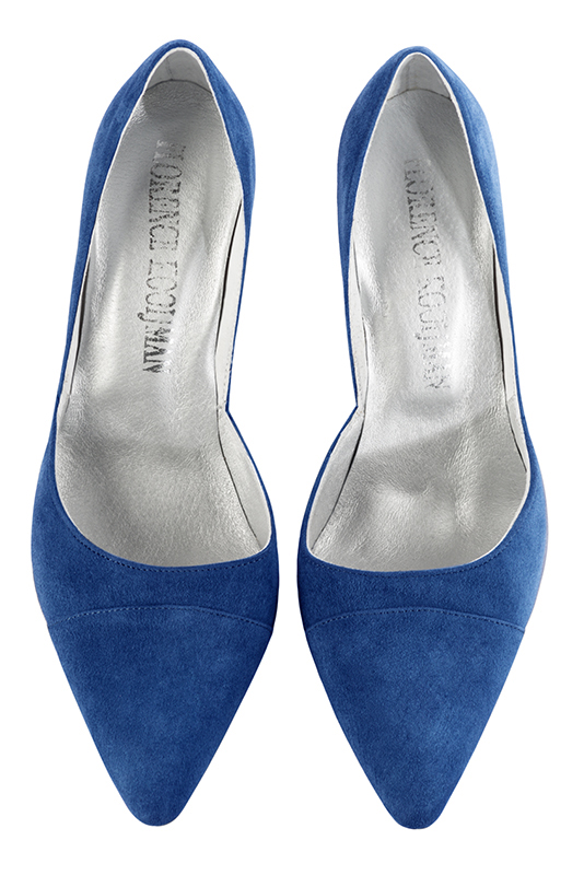 Electric blue women's open arch dress pumps. Tapered toe. Very high spool heels. Top view - Florence KOOIJMAN